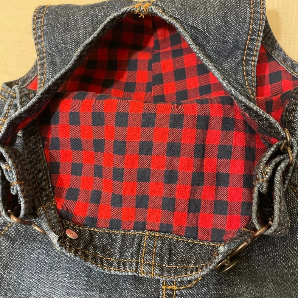 OshKosh Bgosh Baby 9M Flannel‎ Lined Denim Overalls Red Buffalo Plaid Dark Wash